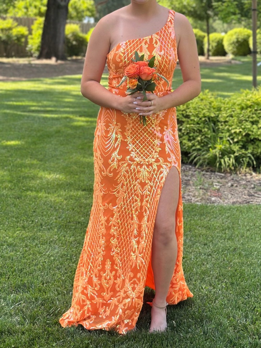 One-Shoulder Orange Formal Dress with High Slit